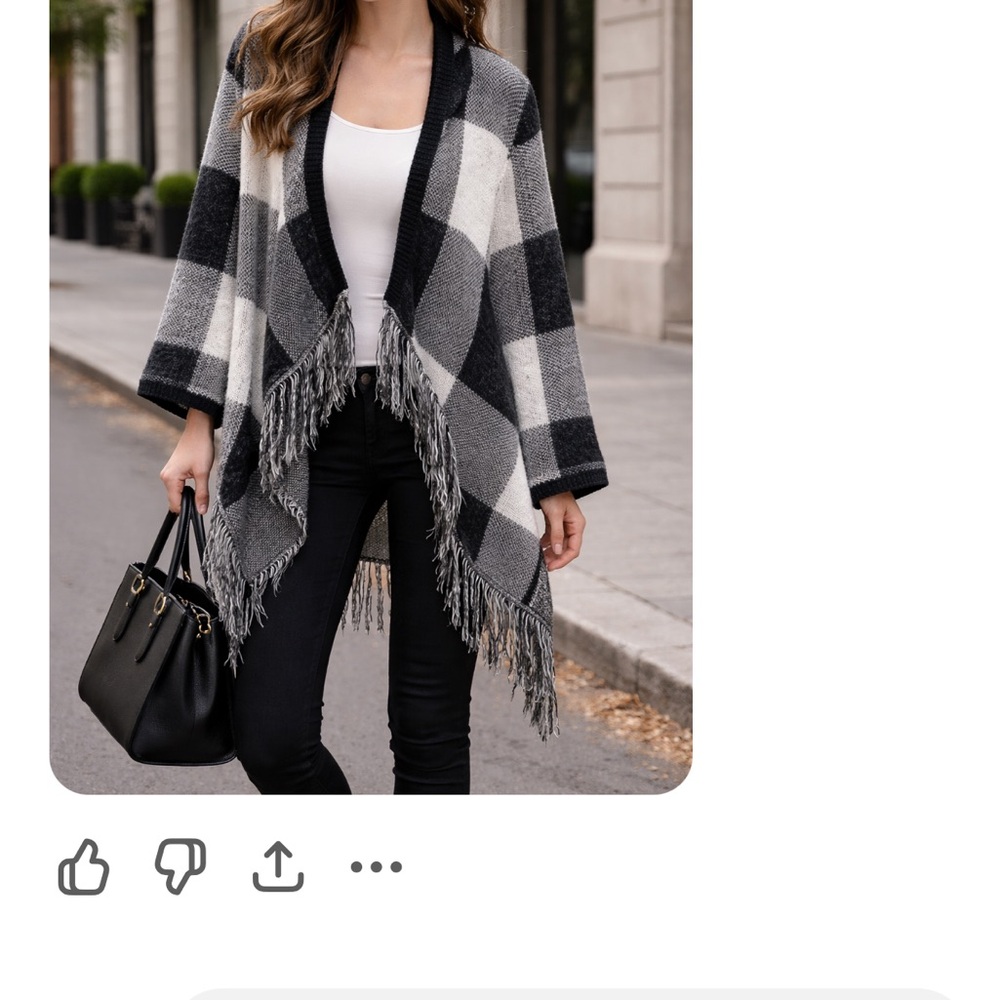 Black,gray and ivory sweater Plaid Fringe Open Front Cardigan back hood size s.